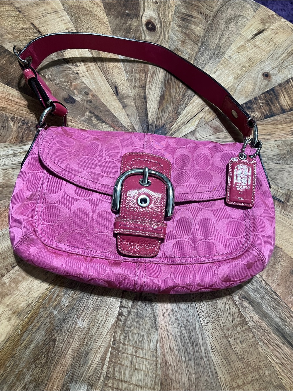 Coach Pink Signature Canvas SoHo Shoulder Bag with Buckle Detail